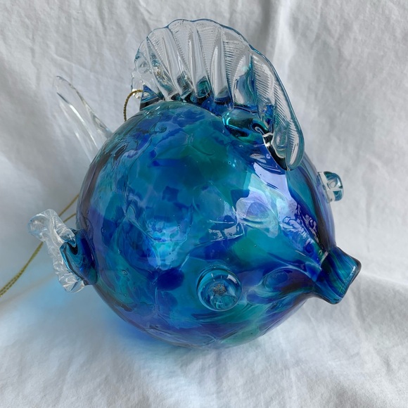 Hand Blown Glass Hanging Blow/Puffer Fish Blue Artisan Ornament - Picture 10 of 10